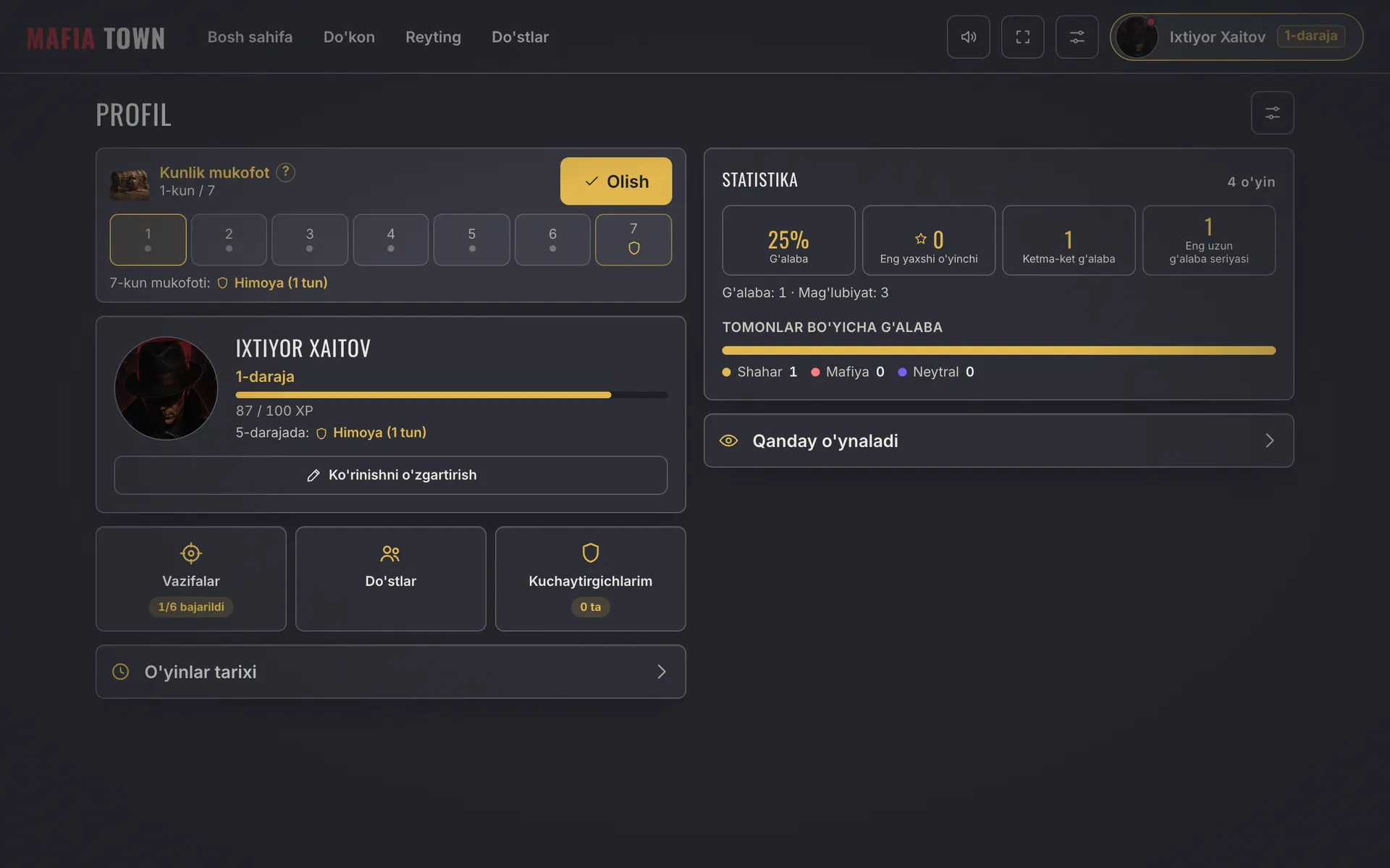 Mafia Town screenshot - Profile: level, stats and quests