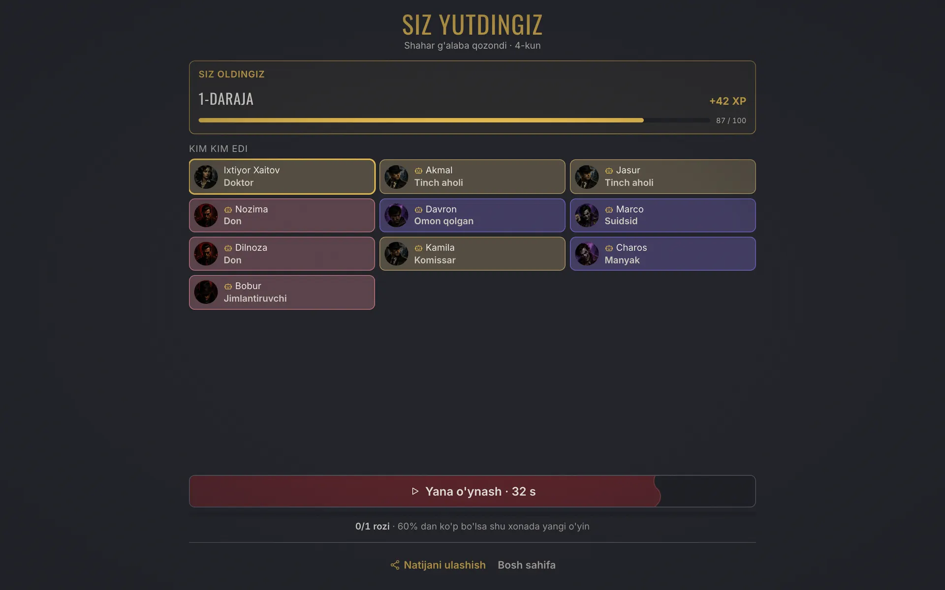 Mafia Town screenshot - Result: winners, roles and XP earned