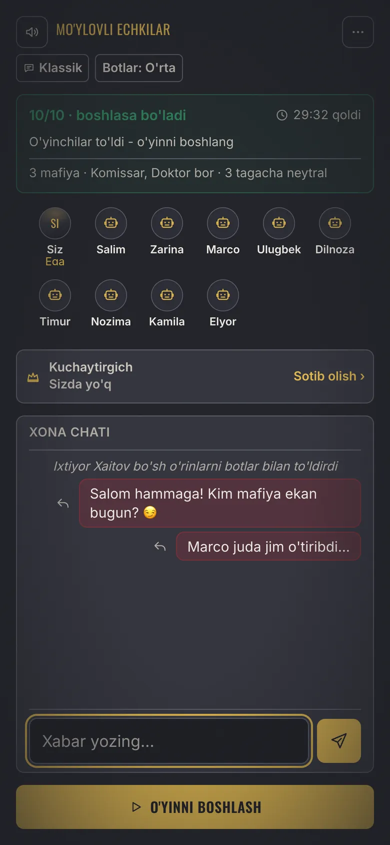 Mafia Town screenshot - Lobby: room, bots and room chat