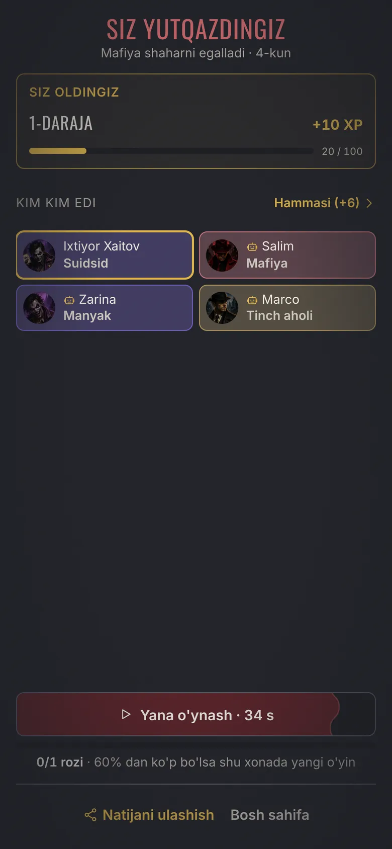 Mafia Town screenshot - Result: winners, roles and XP earned