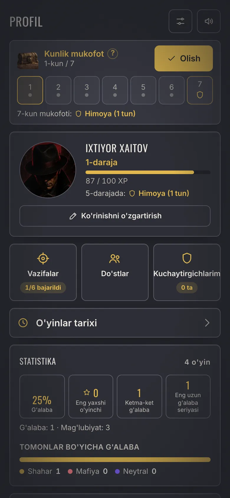 Mafia Town screenshot - Profile: level, stats and quests
