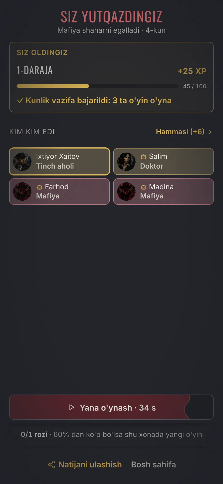 Mafia Town screenshot - Result: winners, roles and XP earned