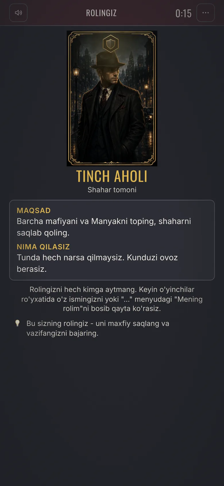 Mafia Town screenshot - Role: your secret role and goal